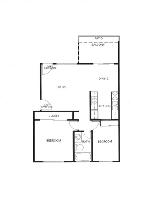 Floor plan for 2 beds, 1 bath, 749 sqft